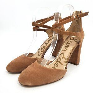 Sam Edelman Simmons Tan Camel Suede Criss Cross Block Heel Pump Size 8.5
